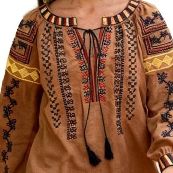 Embroidered Brown Boho Peasant Blouse - Picture 6 of 6